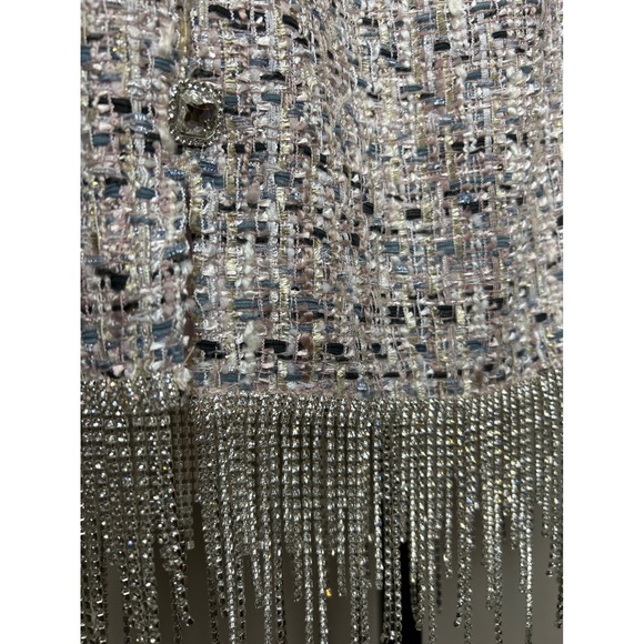 STORIA Tweed rhinestone‎ Fringe Dress- medium-Square Neck Long Sleeve Mini NWT - Picture 2 of 7